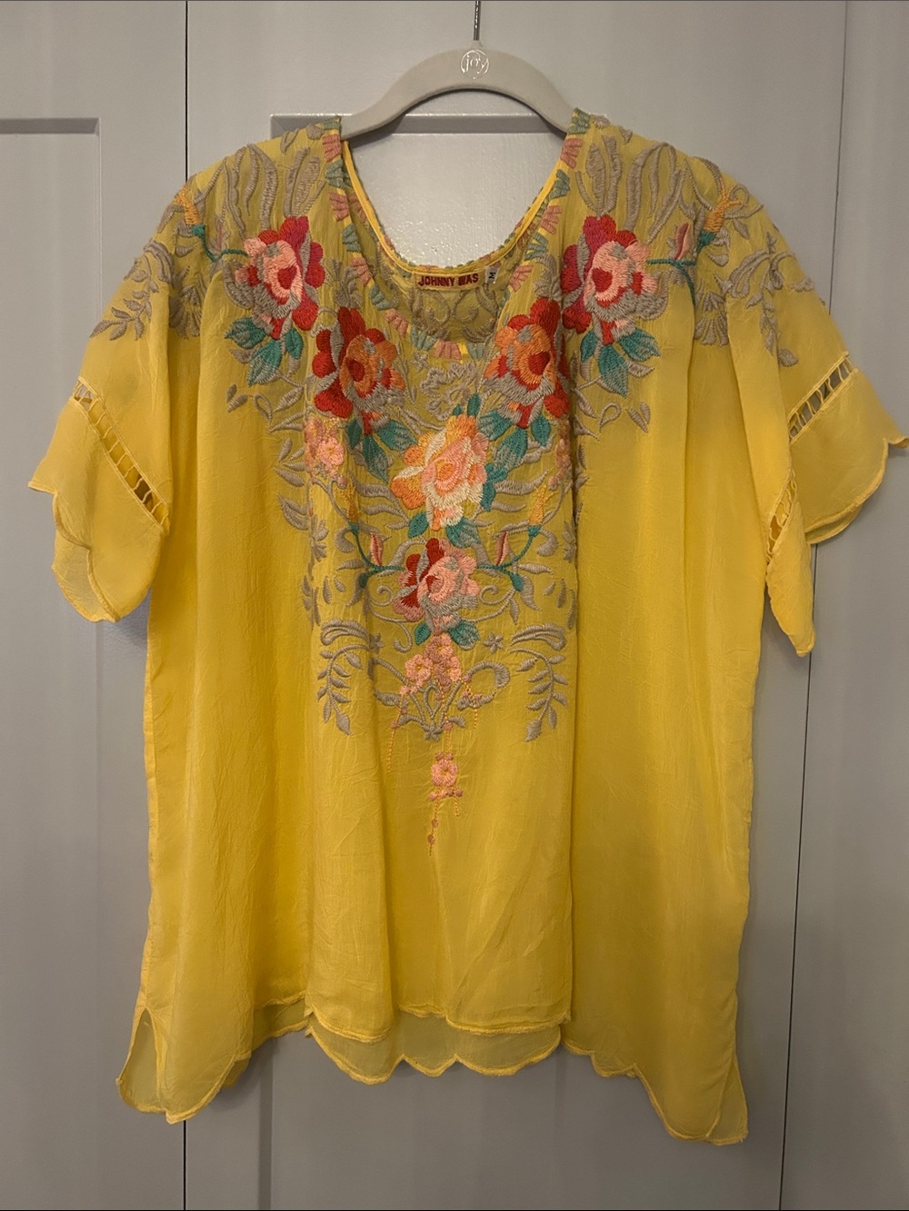 Johnny Was Yellow Floral Embroidered Blouse